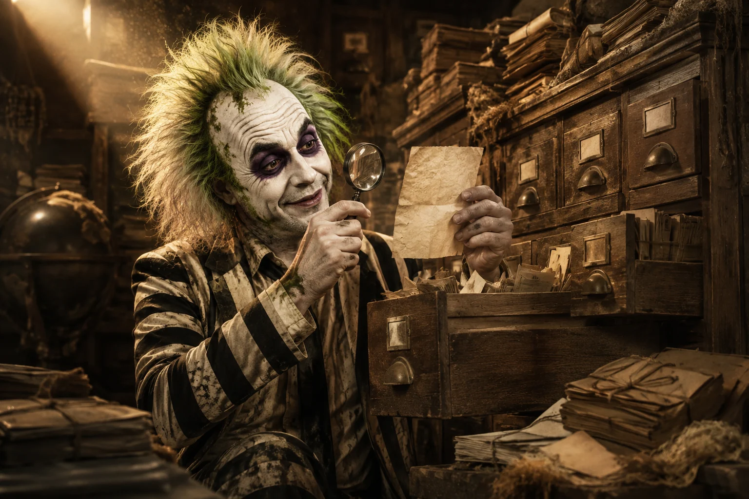 Beetlejuice inspecting an old piece of paper in a warm, dusty archive of wooden card drawers.