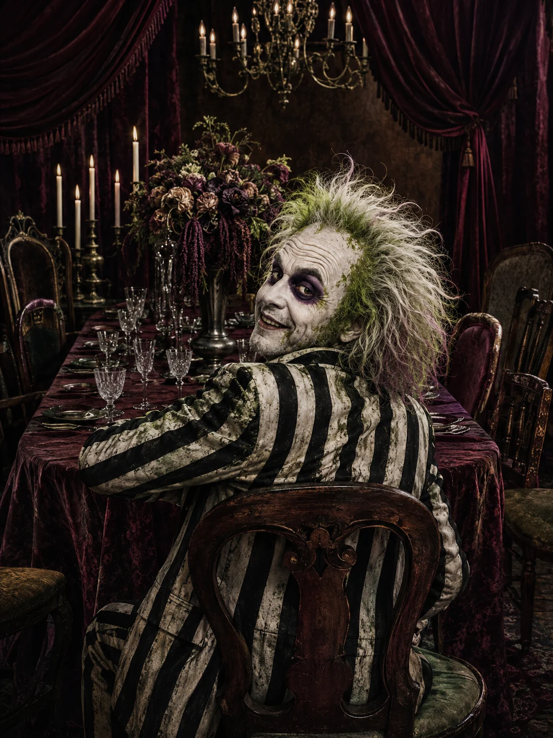 Beetlejuice hosting a candlelit dinner among empty, mismatched antique chairs.