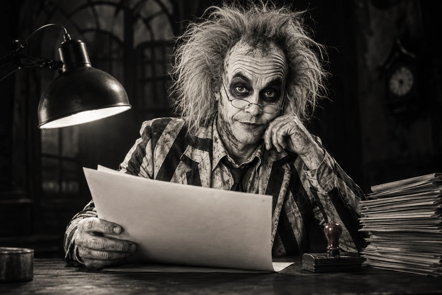 A black-and-white portrait of Beetlejuice as a skeptical newspaper editor, reading glasses low on his nose.