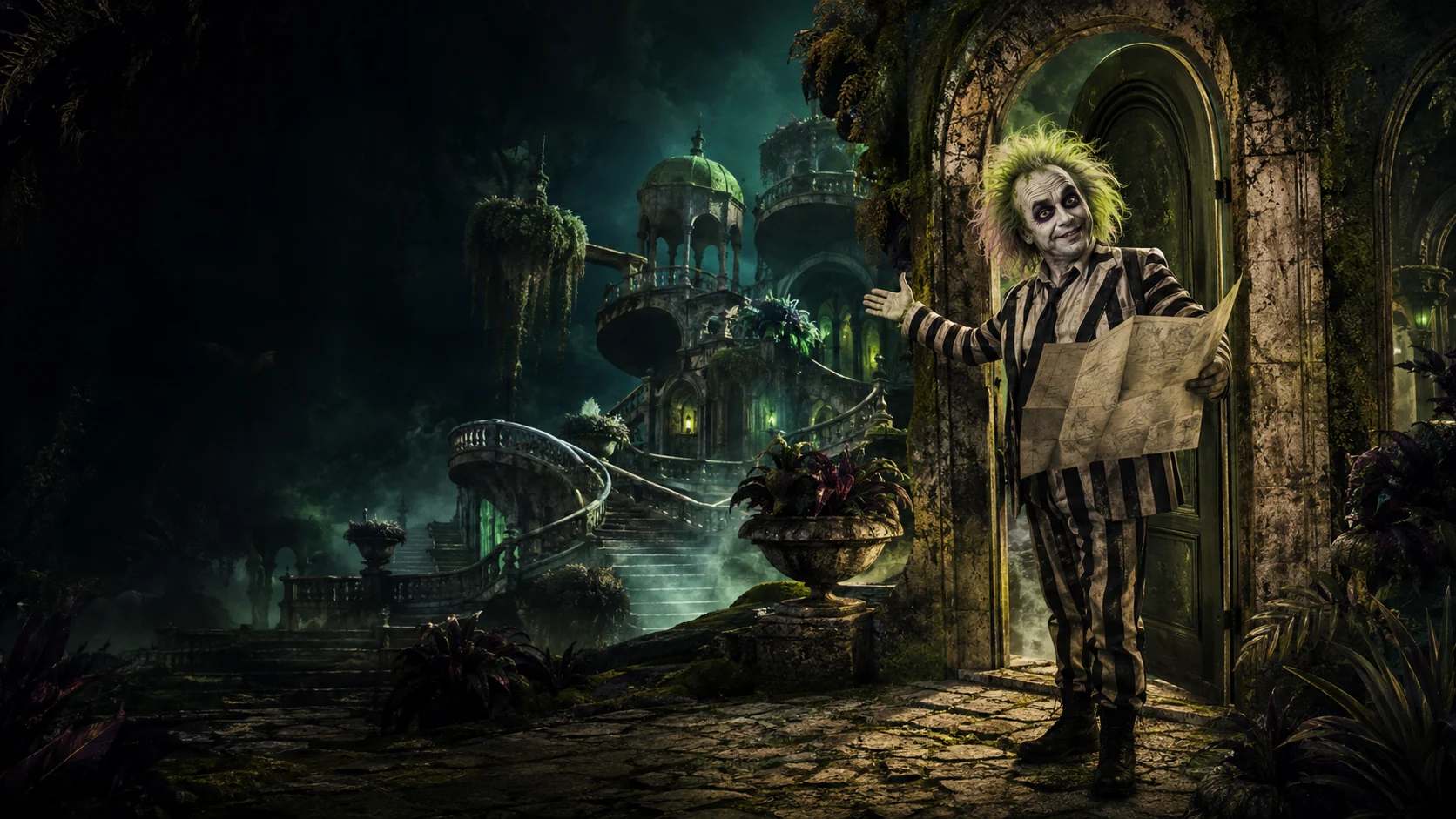 Beetlejuice holding a map at a crooked doorway, inviting visitors into a lush, impossible world of stairs and arches.