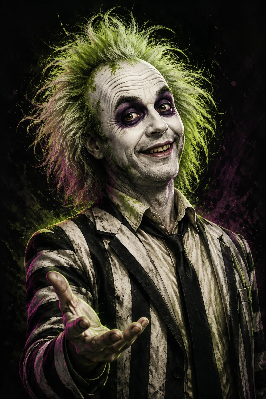 Beetlejuice in his striped suit, grinning and extending a hand in welcome.