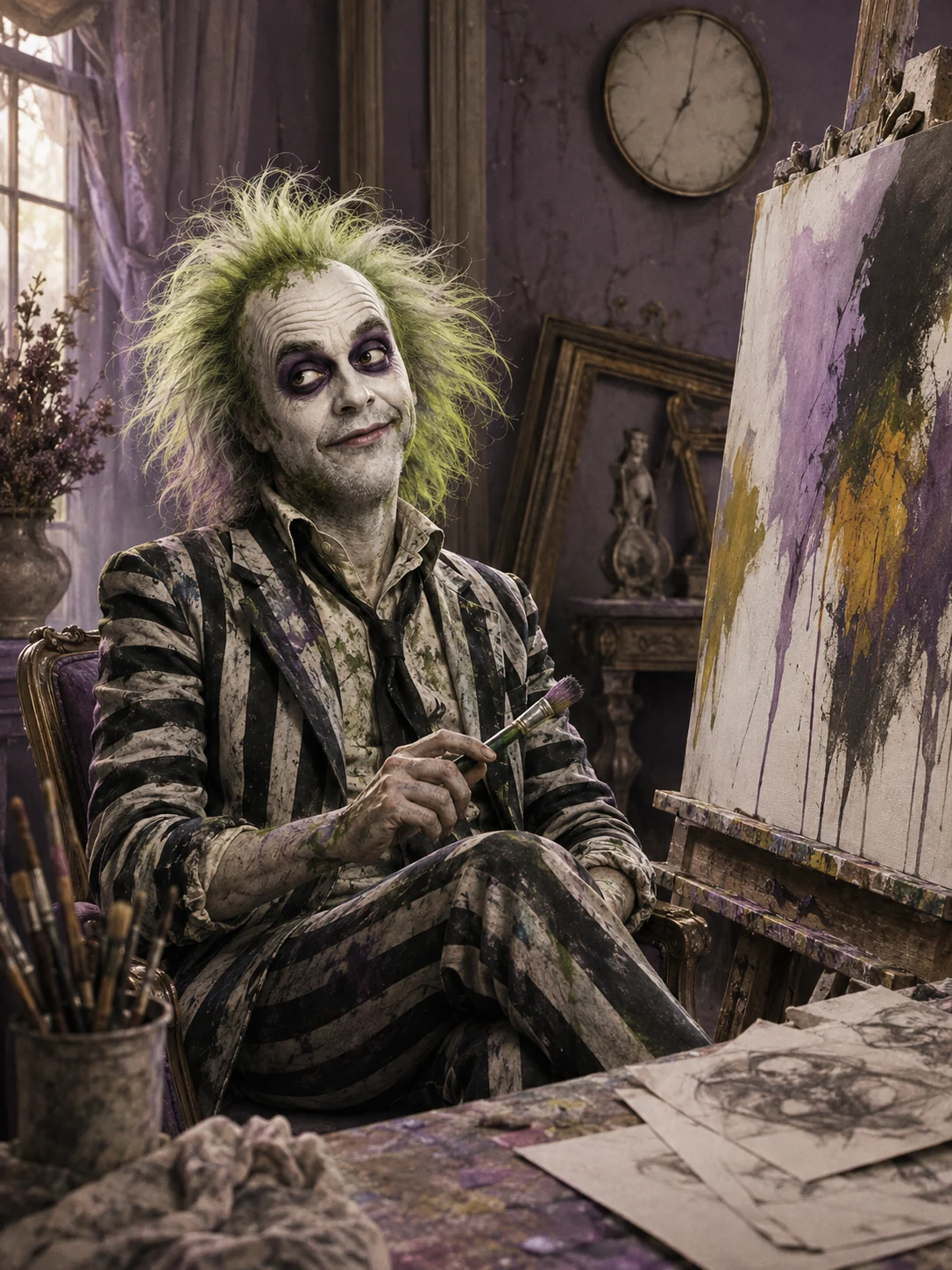 Beetlejuice taking a thoughtful pause with a paintbrush in a lavender studio filled with unfinished canvases.